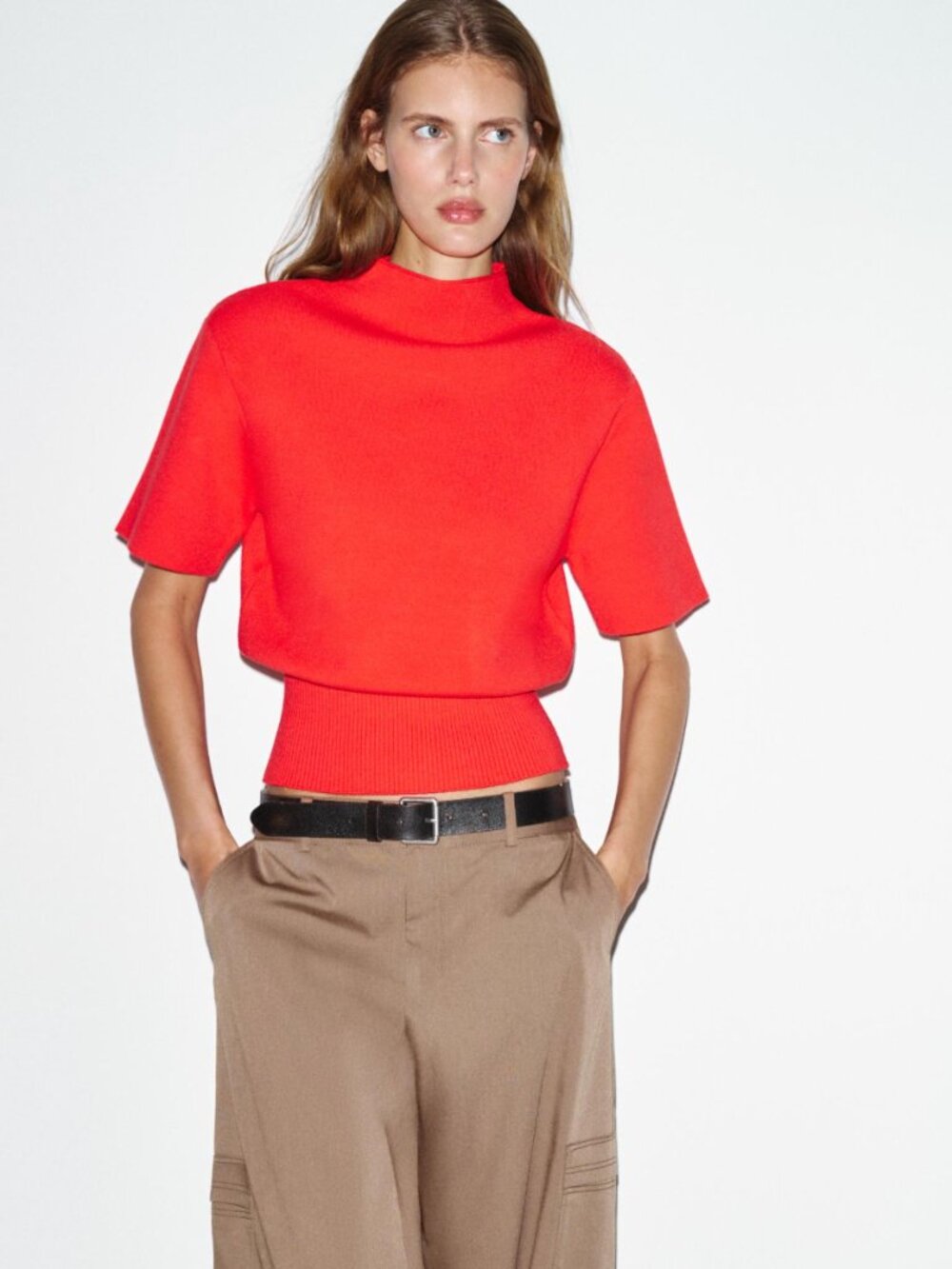 ZARA Red KNIT TOP WITH SHOULDER PADS SIZE S NWT